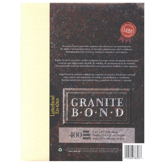 St. James® Granite Bond, 24 lb Letter-Size Paper, Ivory, Pack of 400, 78303