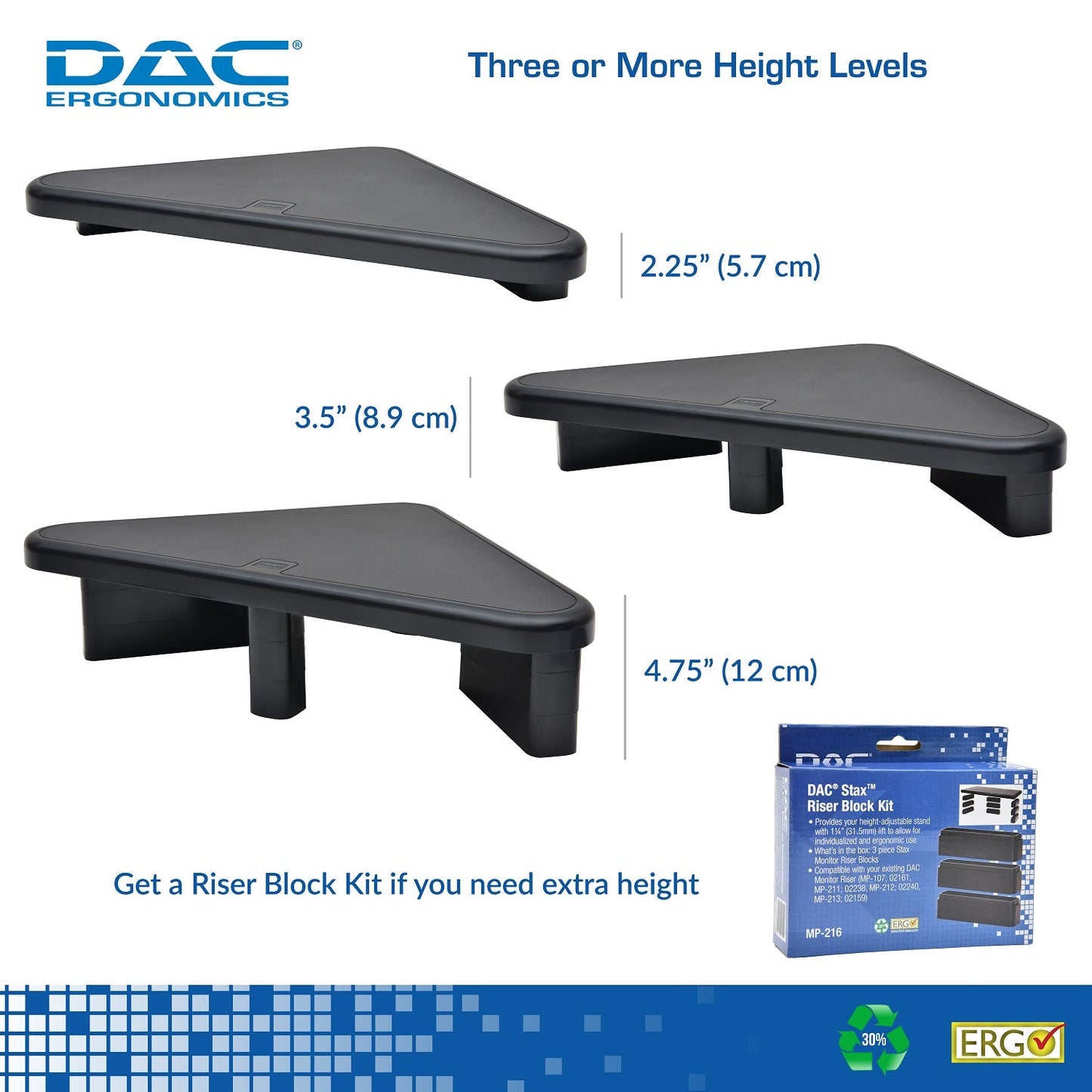 DAC® Stax™ MP-197 Height Adjustable Corner Monitor Riser, Black