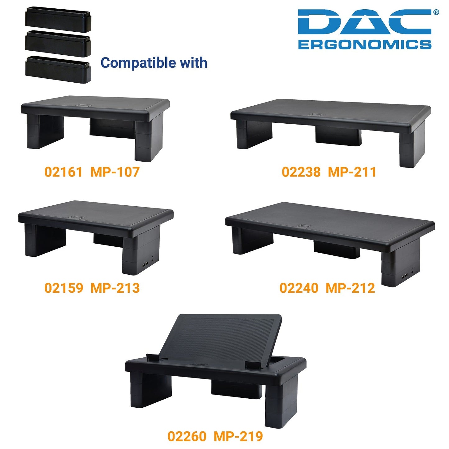 DAC® Stax™ MP-216 Ergonomic Height-Adjustable Monitor/Laptop Riser Blocks Kit, Black