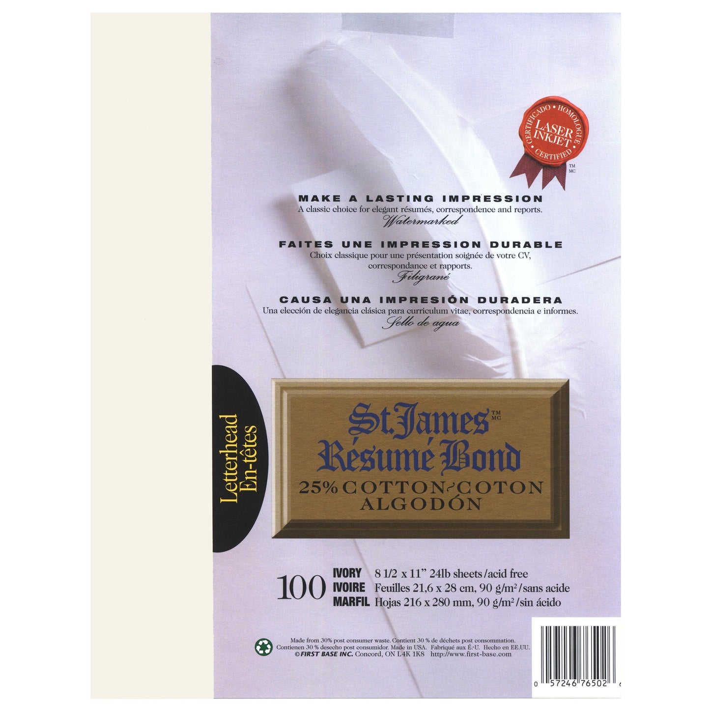 St. James® Résumé Bond, 25% Cotton, 24 lb Letter-Size Paper, Ivory, Pack of 100, 76502