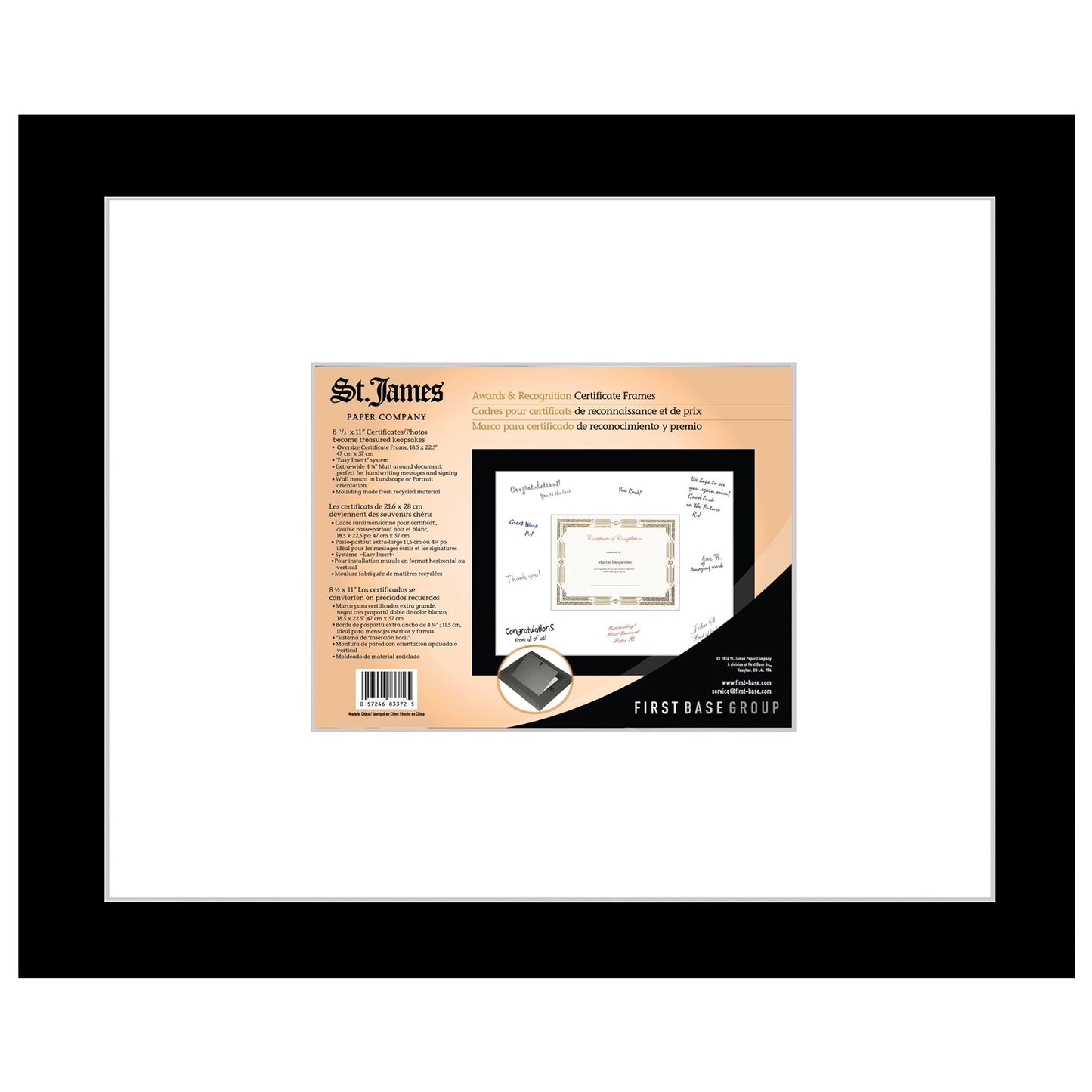 St. James® Oversized Certificate/Diploma/Document Frame, 8.5x11", Black with White Double Mat, 83372