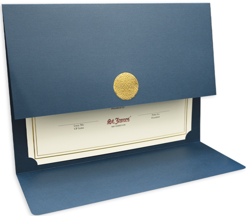 St. James® Elite™ Medallion Fold Certificate Holders, Navy Blue Linen with Gold Medallion, Pack of 5, 83534