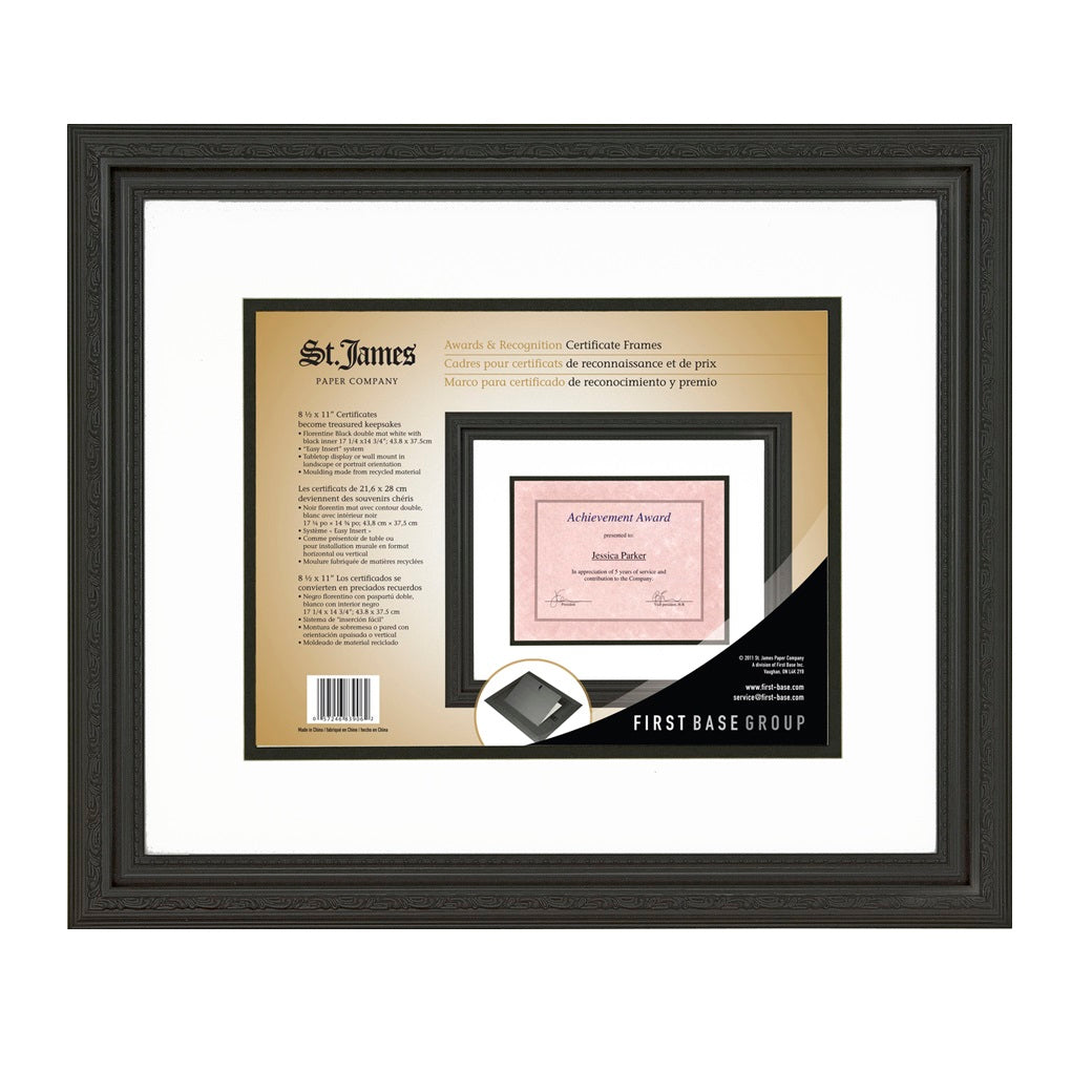 St. James® Certificate/Diploma/Document Frame, 8.5x11", Florentine Black with Double Mat White/Black, 83906