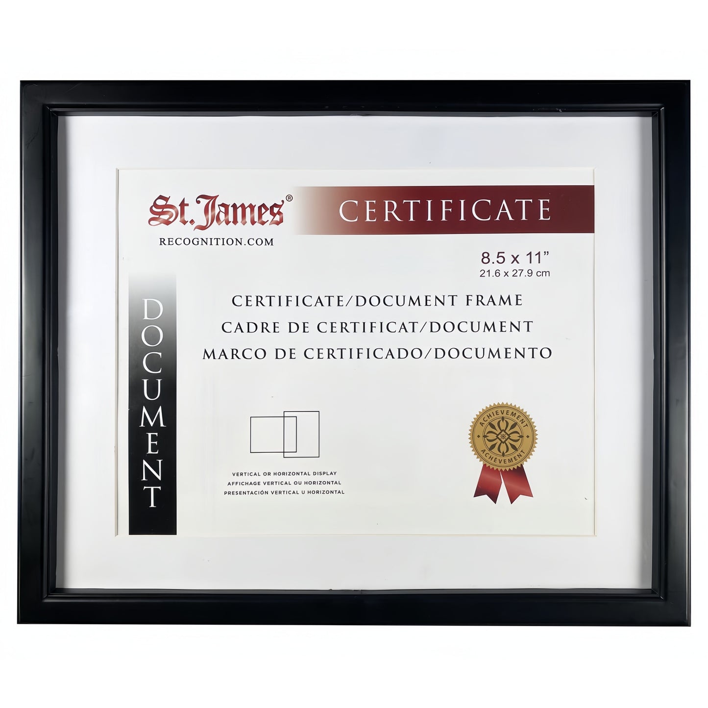 St. James® Certificate/Document/Diploma Frame, 8.5x11" with Mat or 11x14" without Mat, Black, 83918