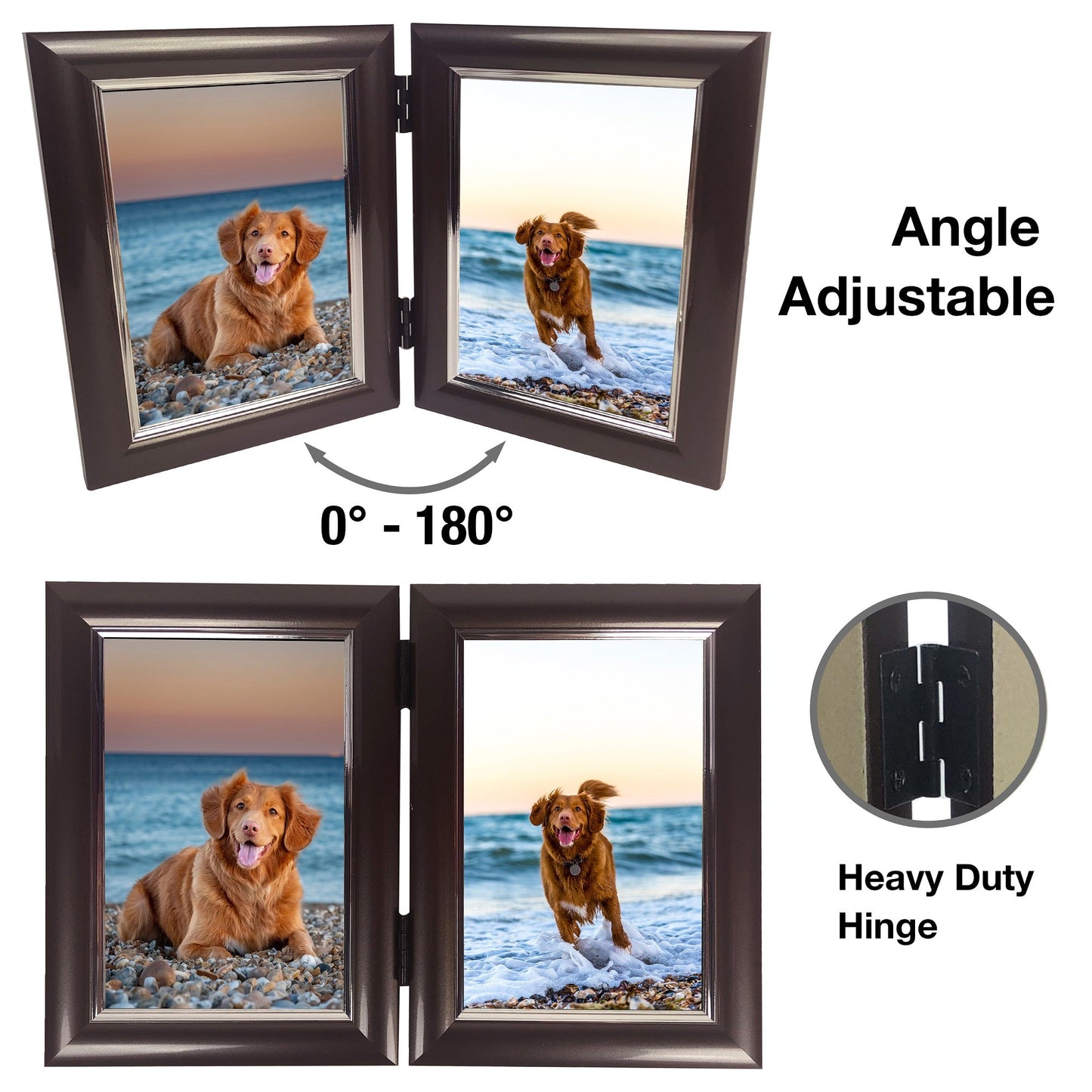 Dual Picture Photo Frame - For 2 4x6" Pictures - Vertical - Easy Insert - Satin Mocha - Table Top Display