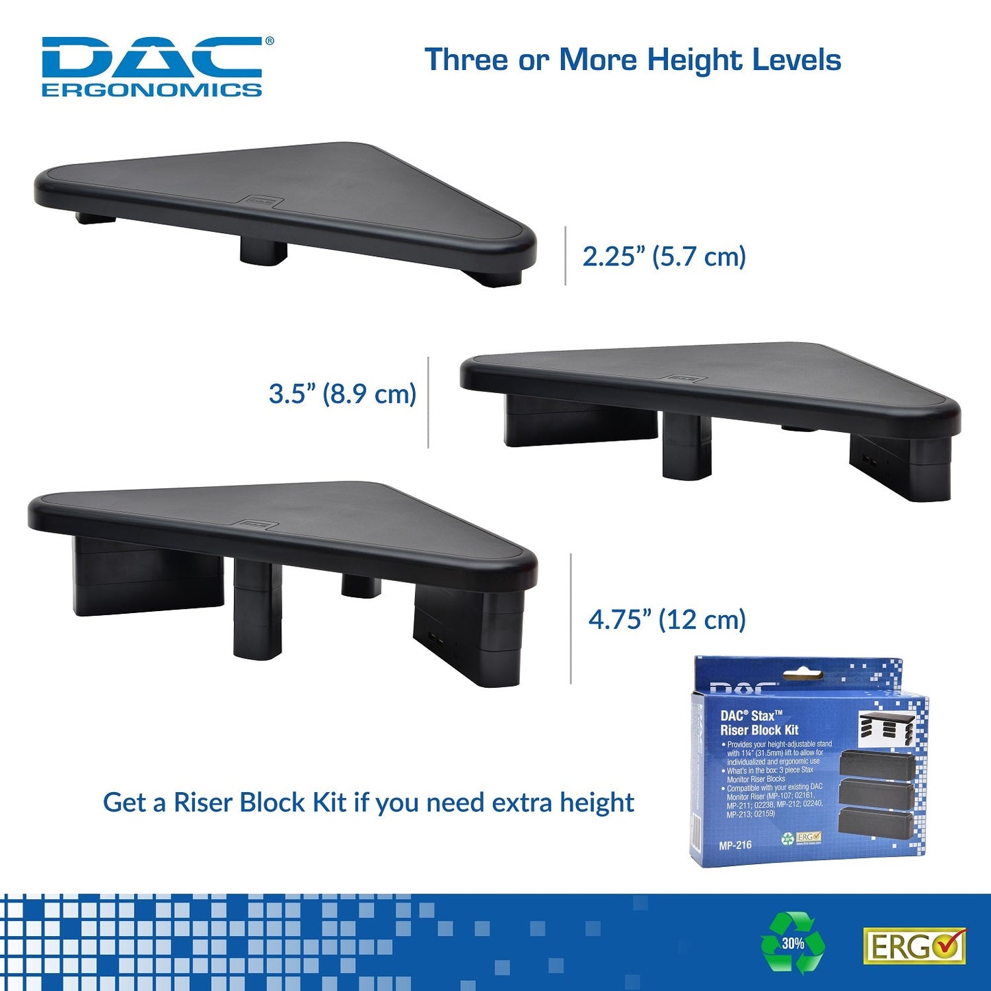 DAC® Stax™ MP-214 Height-Adjustable Corner Monitor/Laptop Stand with 2-USB Ports, Black