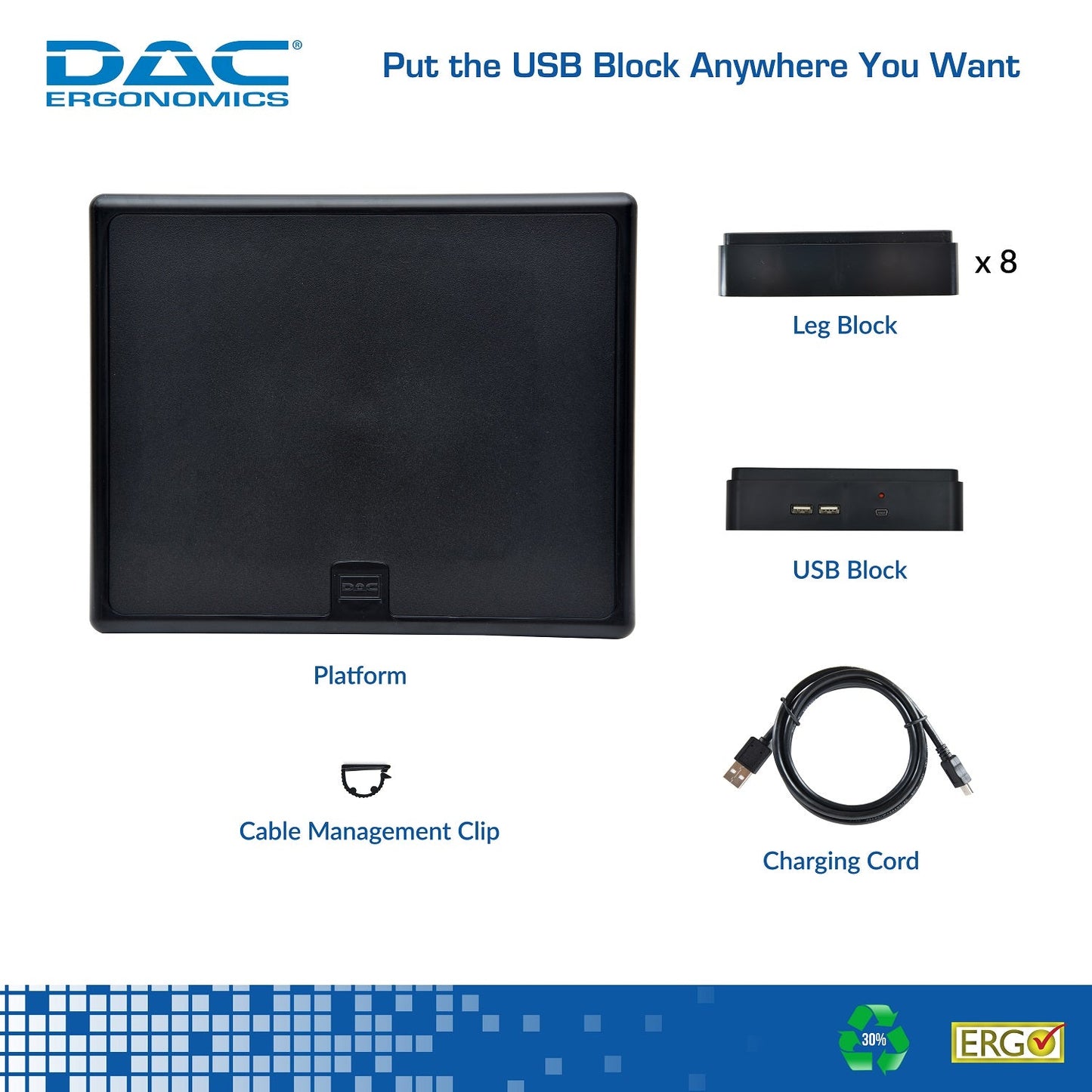 DAC® Stax™ MP-213 Height-Adjustable Monitor/Laptop Stand with 2-USB Ports, Black