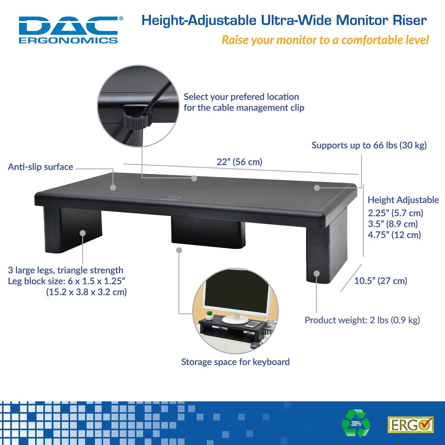 DAC® Stax™ MP-211 Height-Adjustable Ultra-Wide Monitor/Laptop Stand, Black