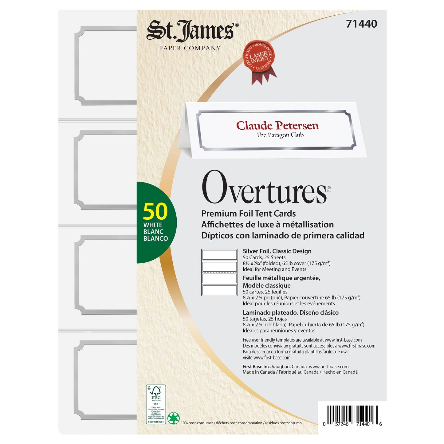 St. James® Overtures® Classic Tent Cards, White, Silver Foil, Pack of 50