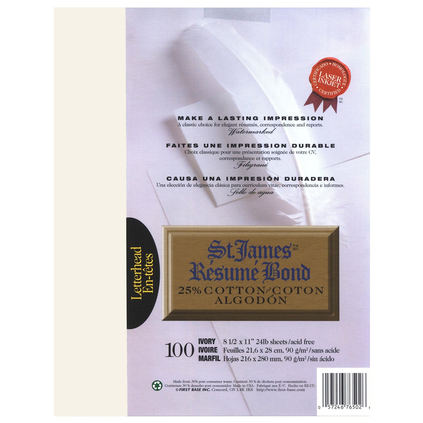 St. James® Rsum Bond, 25% Cotton, 24 lb Letter-Size Paper, Ivory, Pack of 100
