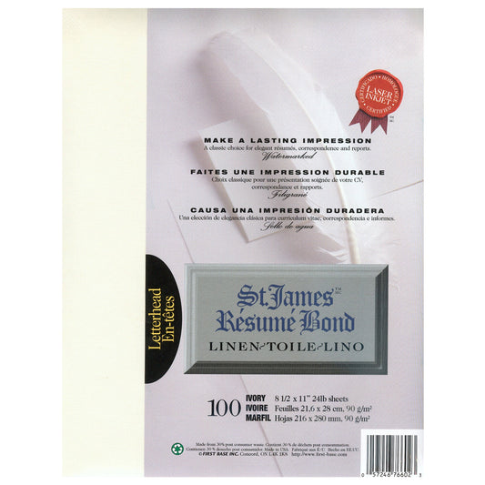 St. James® Rsum Bond, Linen, 24 lb Letter-Size Paper, Ivory, Pack of 100