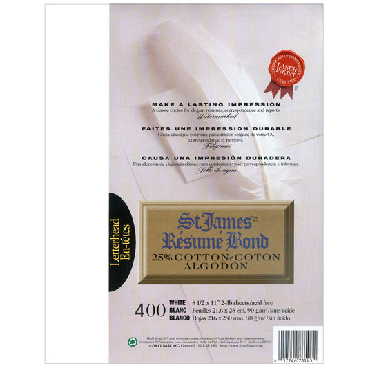 St. James® Rsum Bond, 25% Cotton, 24 lb Letter-Size Paper, White, Pack of 400