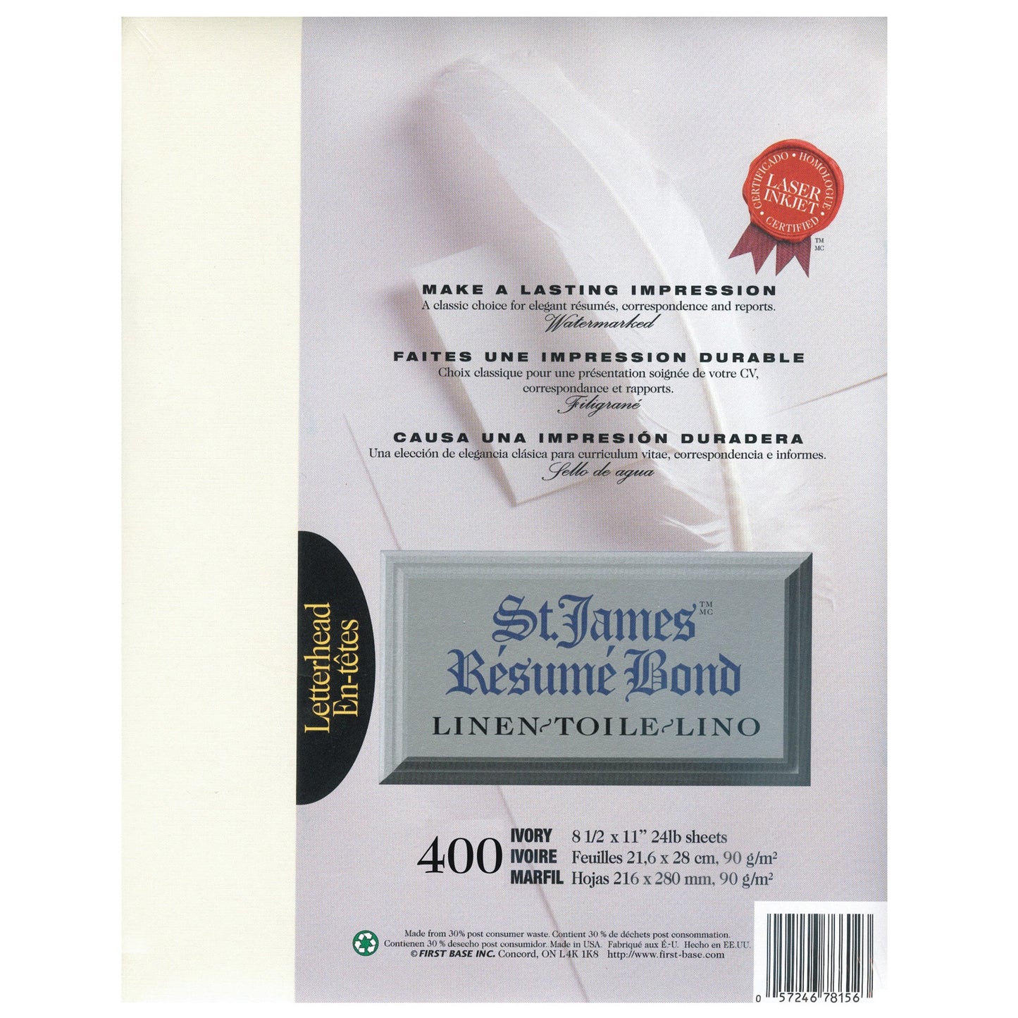 St. James® Rsum Bond, Linen, 24 lb Letter-Size Paper, Ivory, Pack of 400