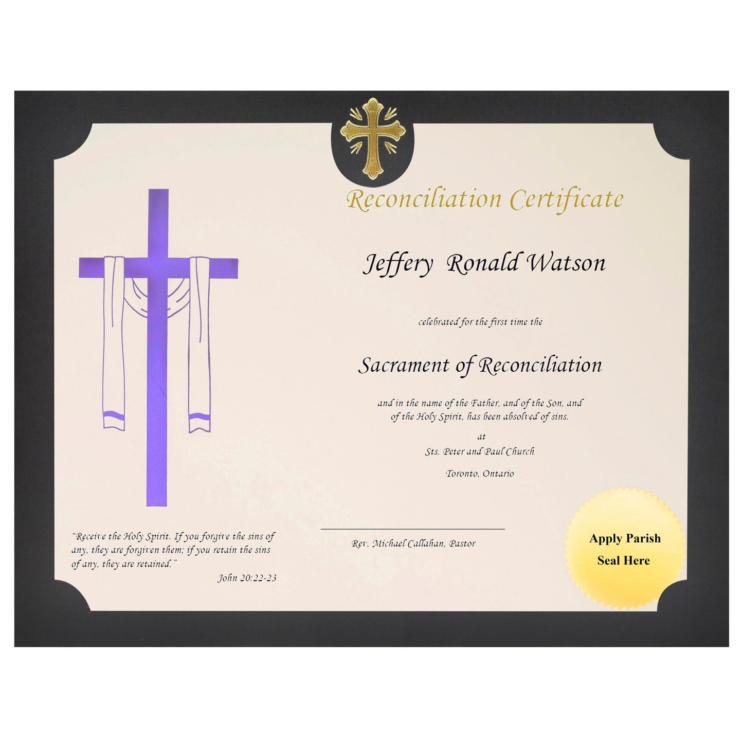 St. James® Religious Certificates - Reconciliation Certificate, 65 lb, Purple Foil, Ivory Card Stock, Pack of 50