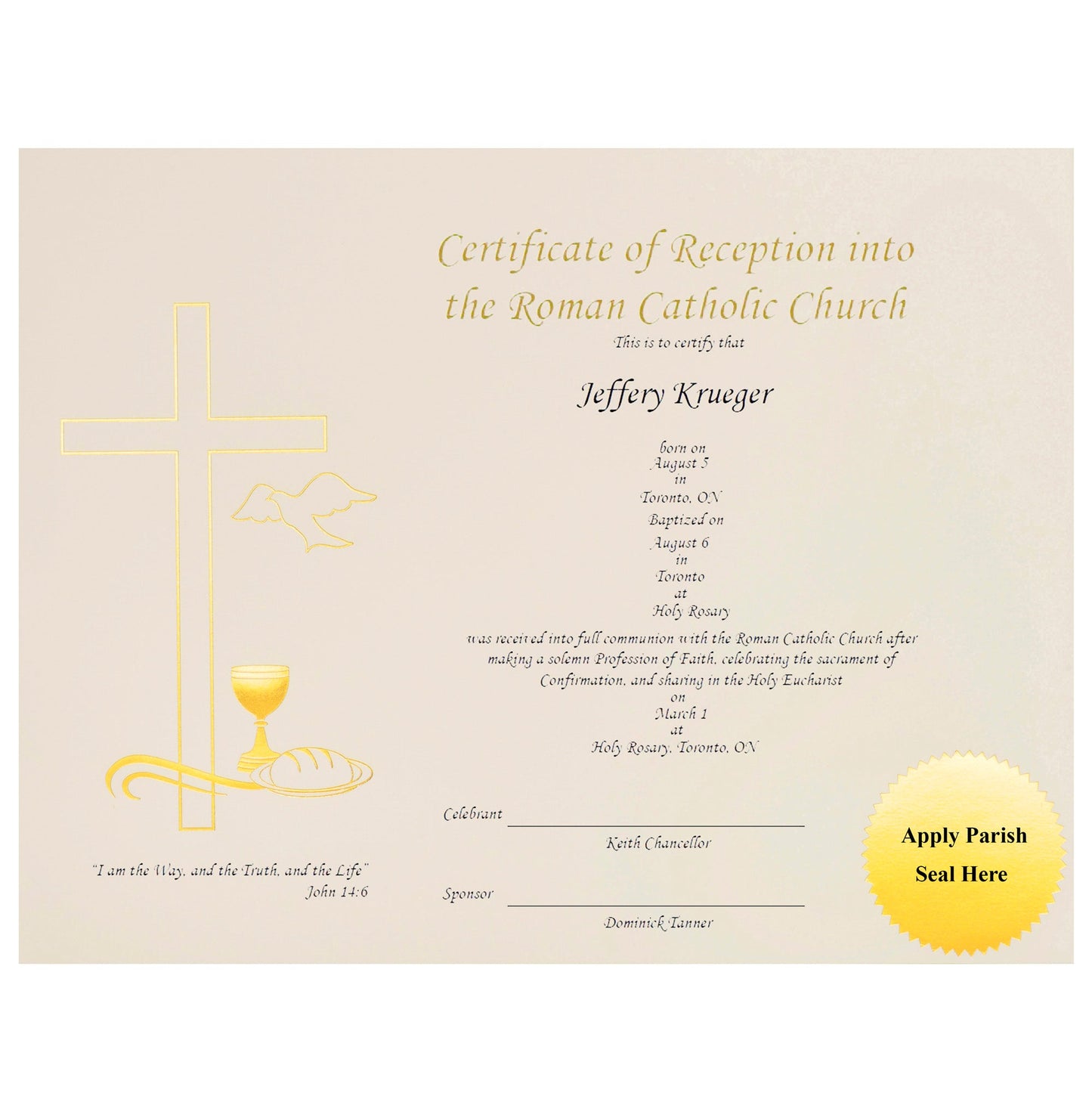 St. James® Religious Certificates - Reception into Church Certificates, 65 lb, Gold Foil, Ivory Card Stock, Pack of 50