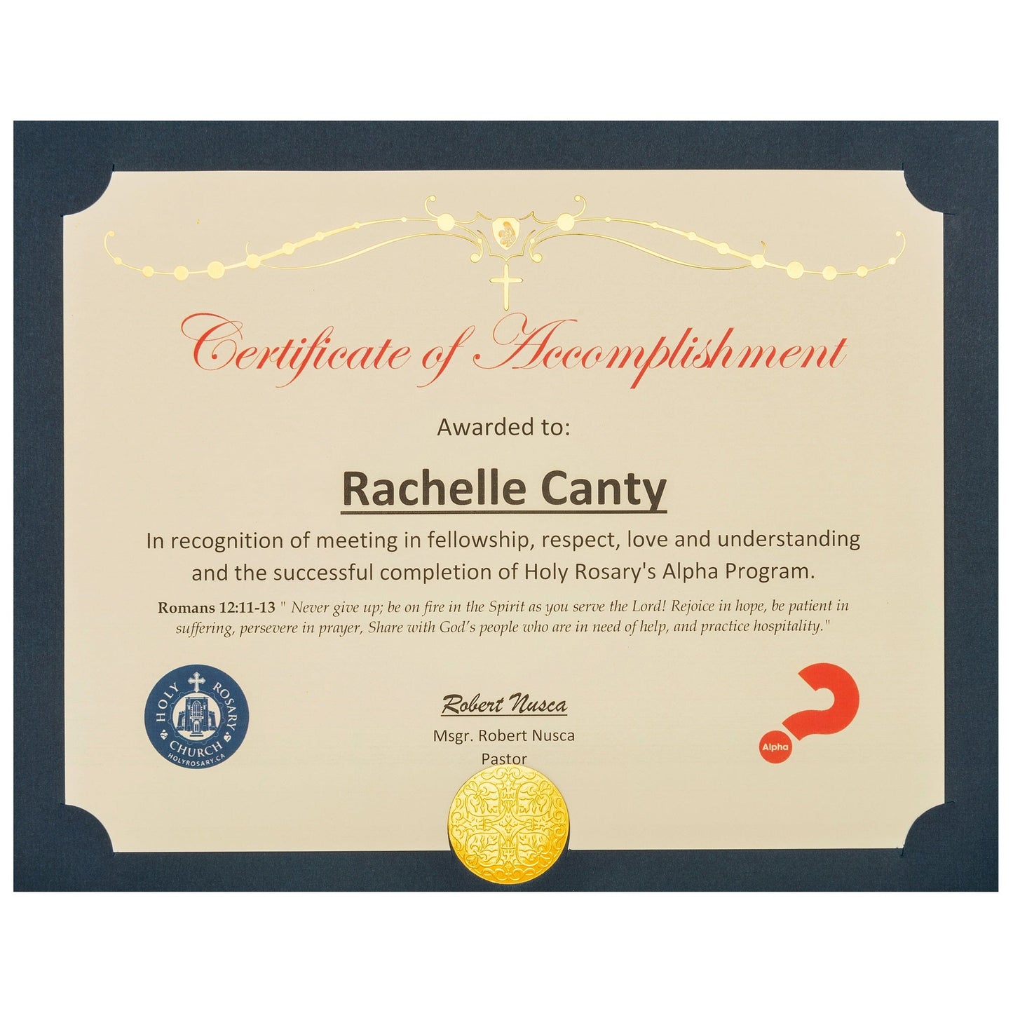 St. James® Religious Certificates with Holy Rosary Banner, Gold Foil Engraved Design on 65lb Ivory Card, Pack of 50