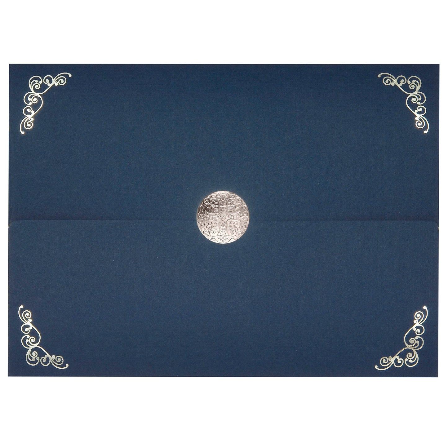 St. James® Elite™ Medallion Fold Certificate Holders, Linen, Navy Blue with Silver Medallion, Pack of 5