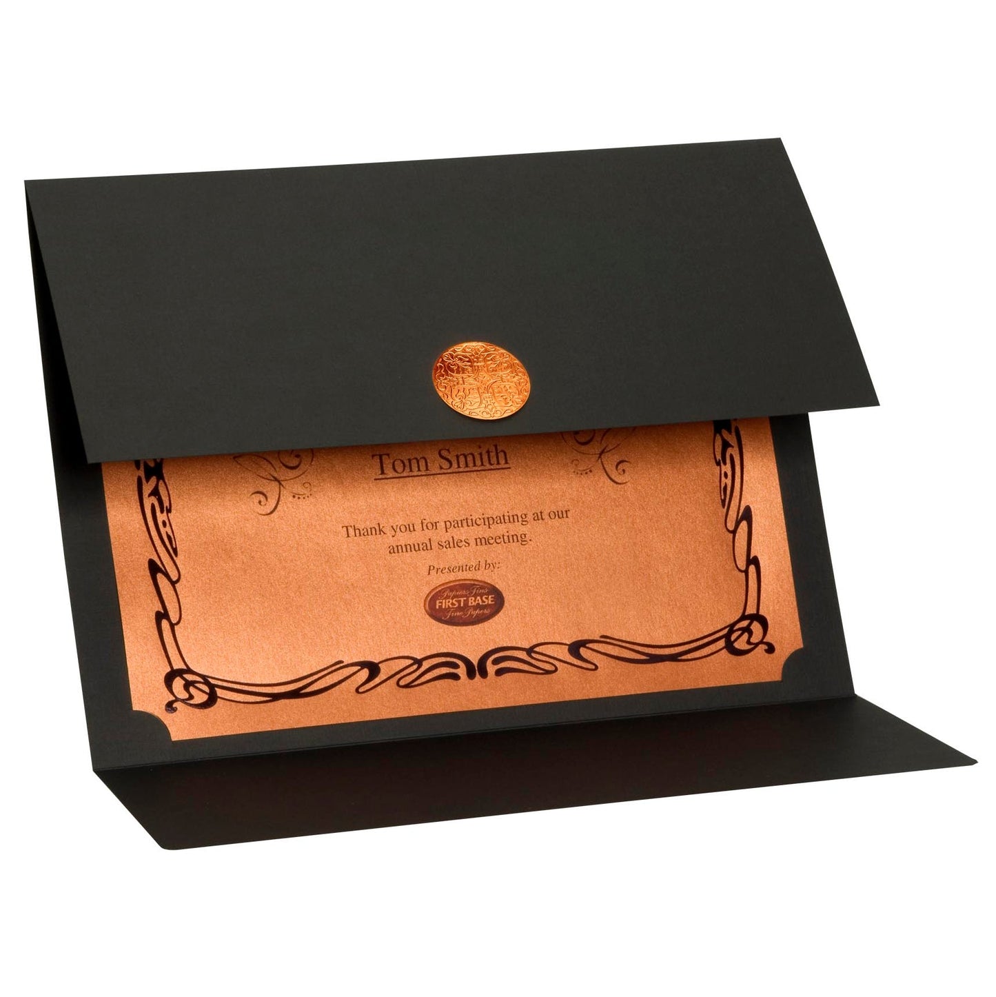 St. James® Elite™ Medallion Fold Certificate Holders, Black Linen with Copper Medallion, Pack of 5